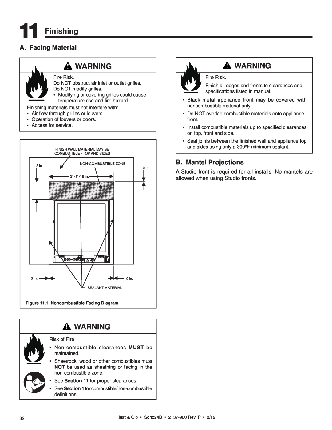 Heat & Glo LifeStyle 2137-900 owner manual Finishing, A. Facing Material, B.Mantel Projections 