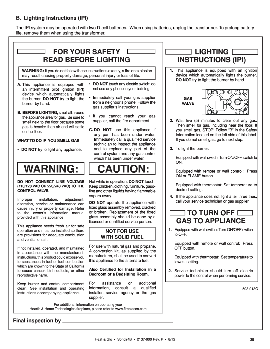 Heat & Glo LifeStyle 2137-900 owner manual B. Lighting Instructions IPI, Final inspection by, Warning Caution, Gas Valve 
