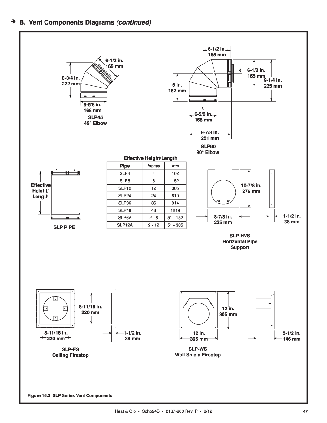 Heat & Glo LifeStyle 2137-900 B. Vent Components Diagrams continued, 8-3/4in 222 mm, 6-1/2in, 6 in, 165 mm9-1/4in 