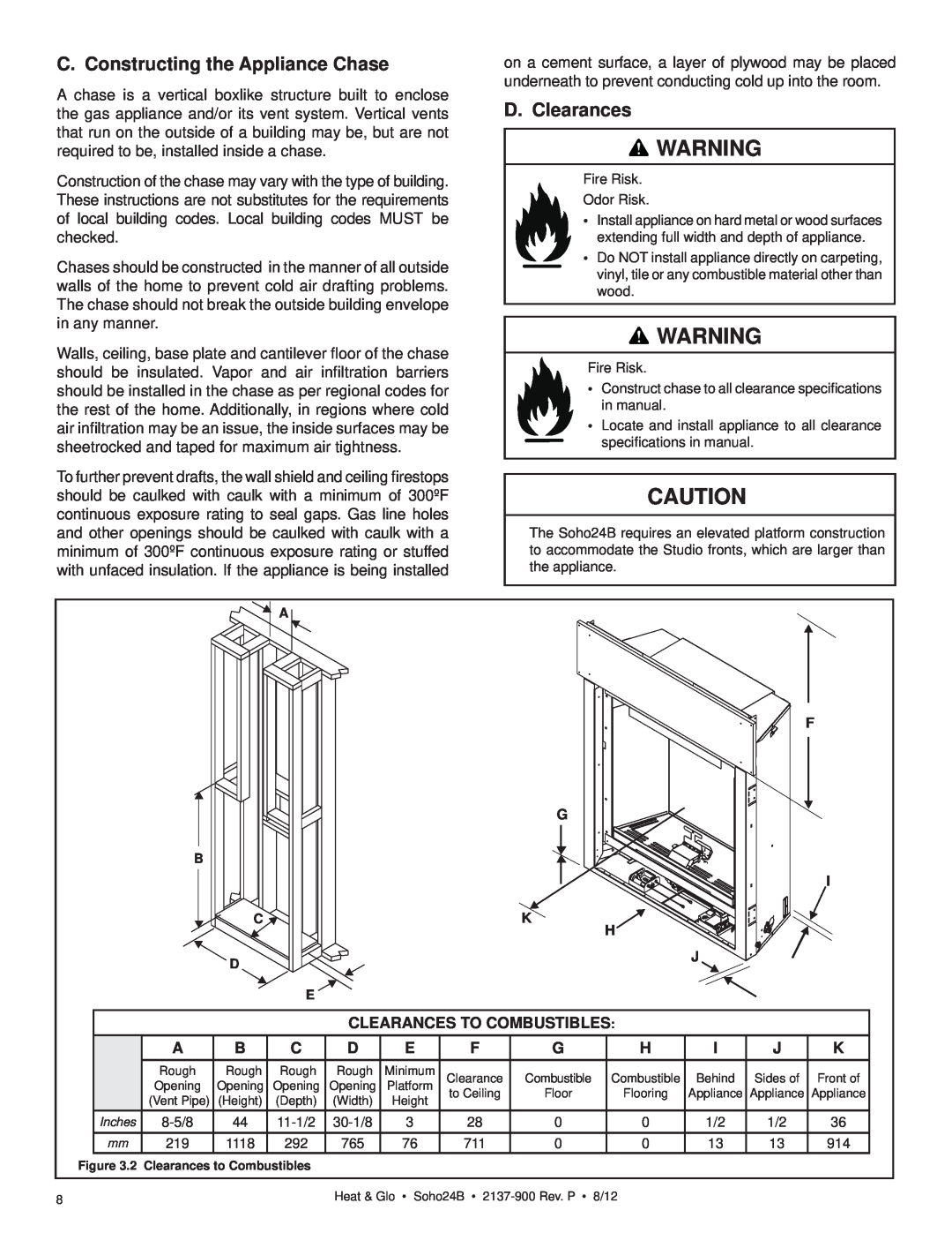 Heat & Glo LifeStyle 2137-900 owner manual C. Constructing the Appliance Chase, D. Clearances 