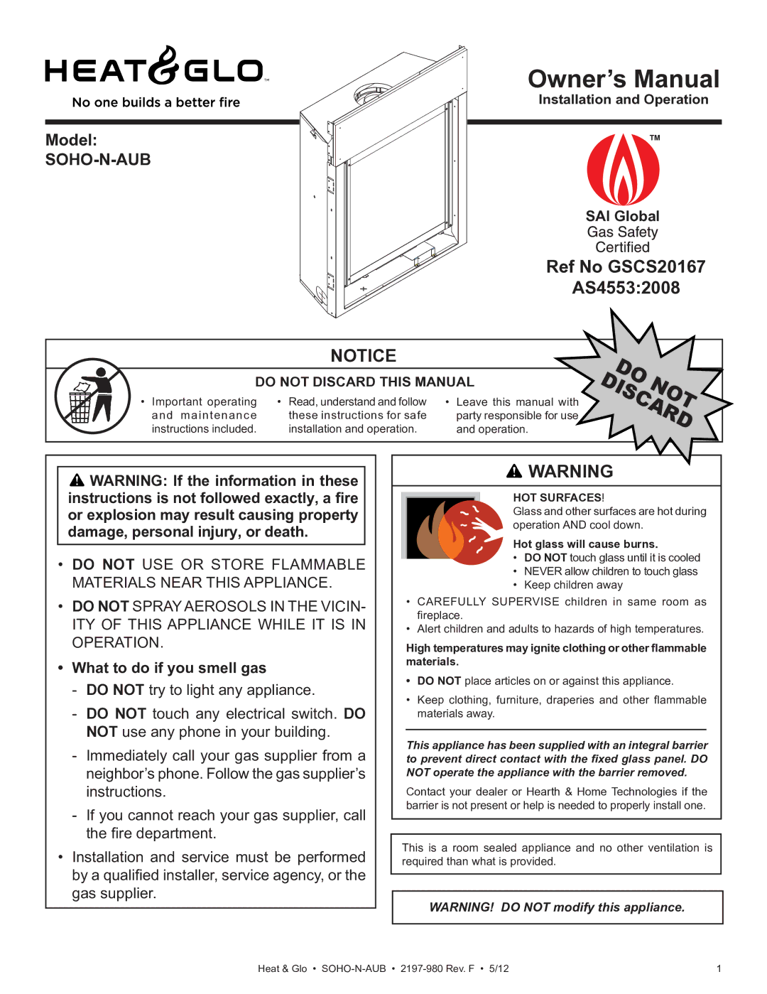 Heat & Glo LifeStyle 2197-980 owner manual Ref No GSCS20167 AS45532008, SAI Global, What to do if you smell gas 