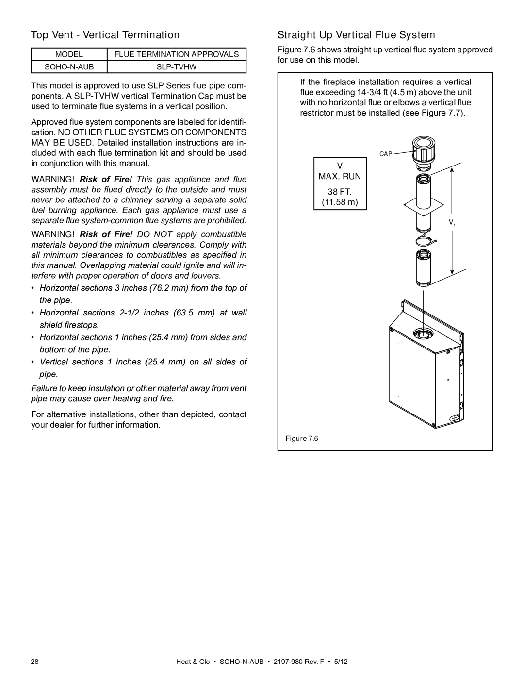 Heat & Glo LifeStyle 2197-980 owner manual Top Vent Vertical Termination, Straight Up Vertical Flue System, Max. Run 