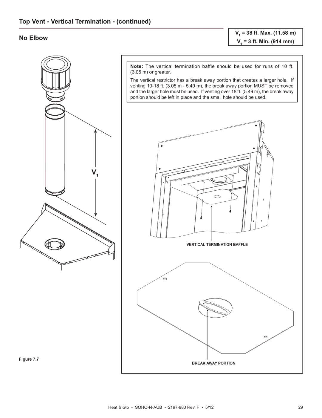 Heat & Glo LifeStyle 2197-980 owner manual Top Vent Vertical Termination No Elbow, V1 = 38 ft. Max .58 m V1 = 3 ft. Min mm 