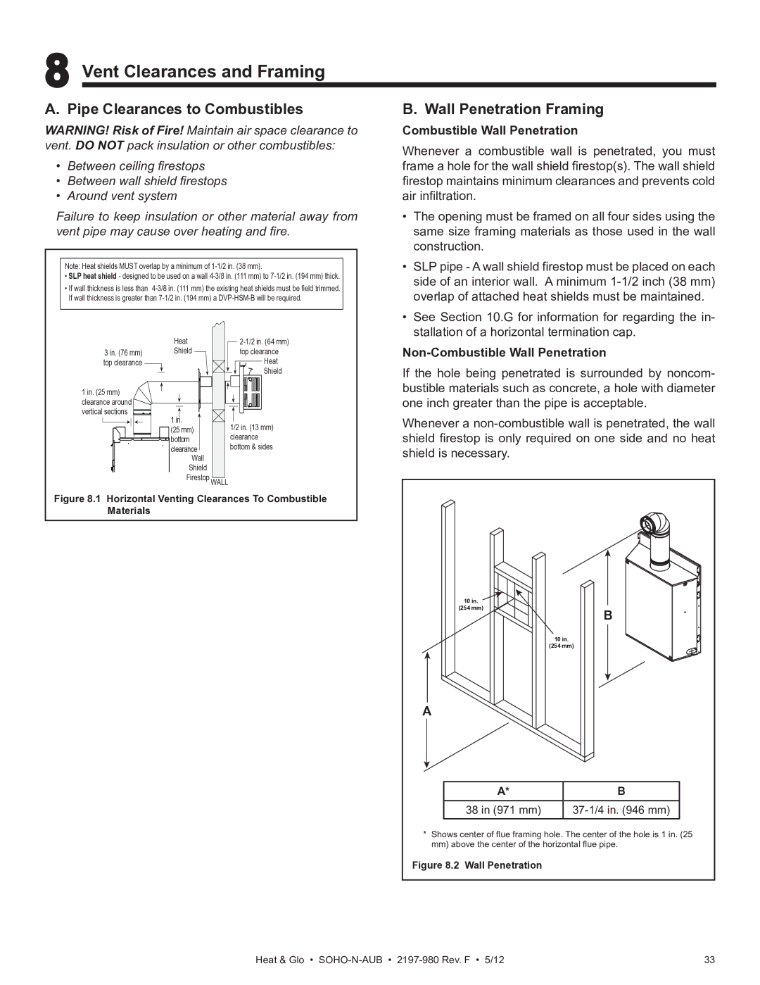 Heat & Glo LifeStyle 2197-980 Vent Clearances and Framing, Pipe Clearances to Combustibles, Wall Penetration Framing 