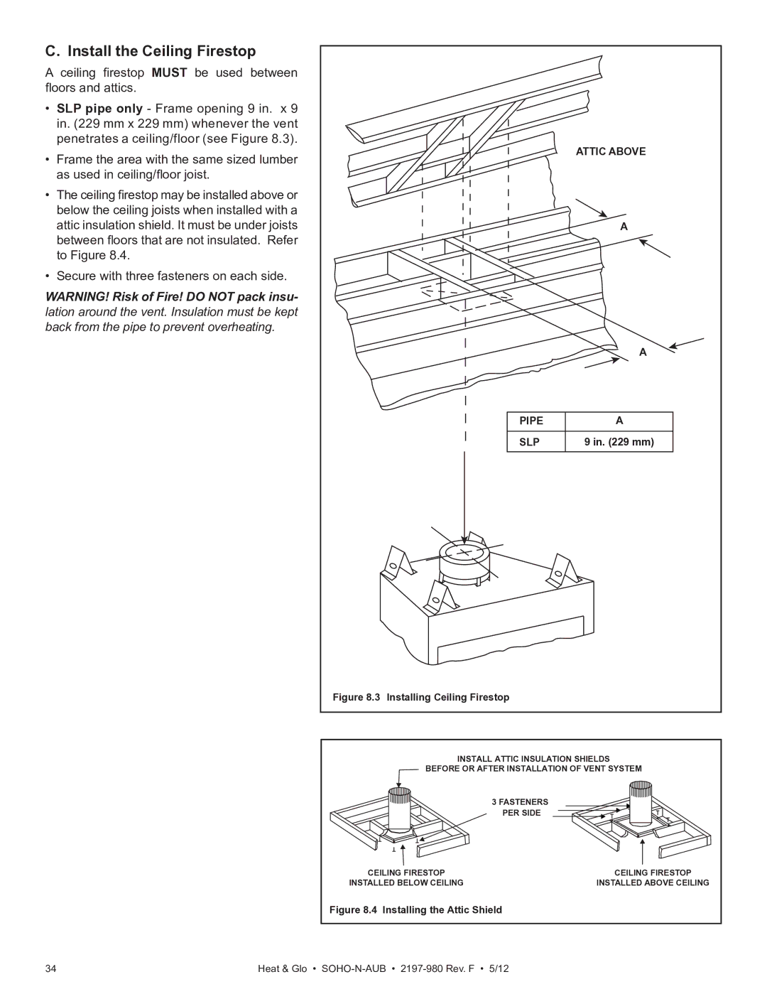 Heat & Glo LifeStyle 2197-980 owner manual Install the Ceiling Firestop, Pipe SLP 