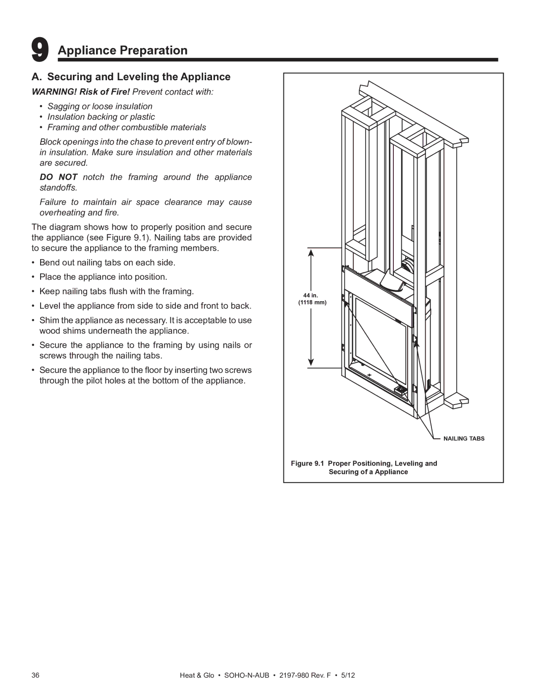 Heat & Glo LifeStyle 2197-980 owner manual Appliance Preparation, Securing and Leveling the Appliance 