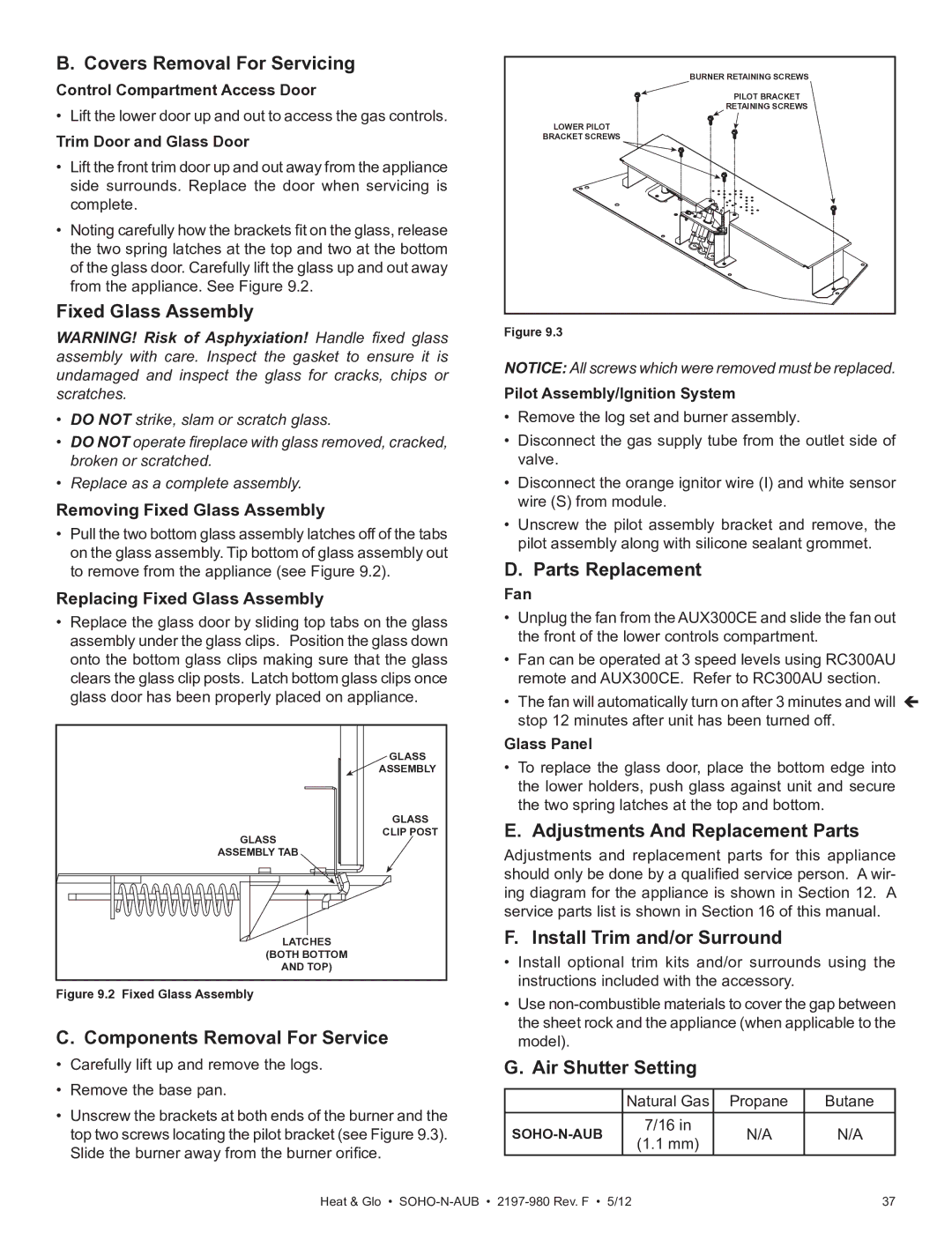 Heat & Glo LifeStyle 2197-980 owner manual Covers Removal For Servicing, Components Removal For Service, Parts Replacement 