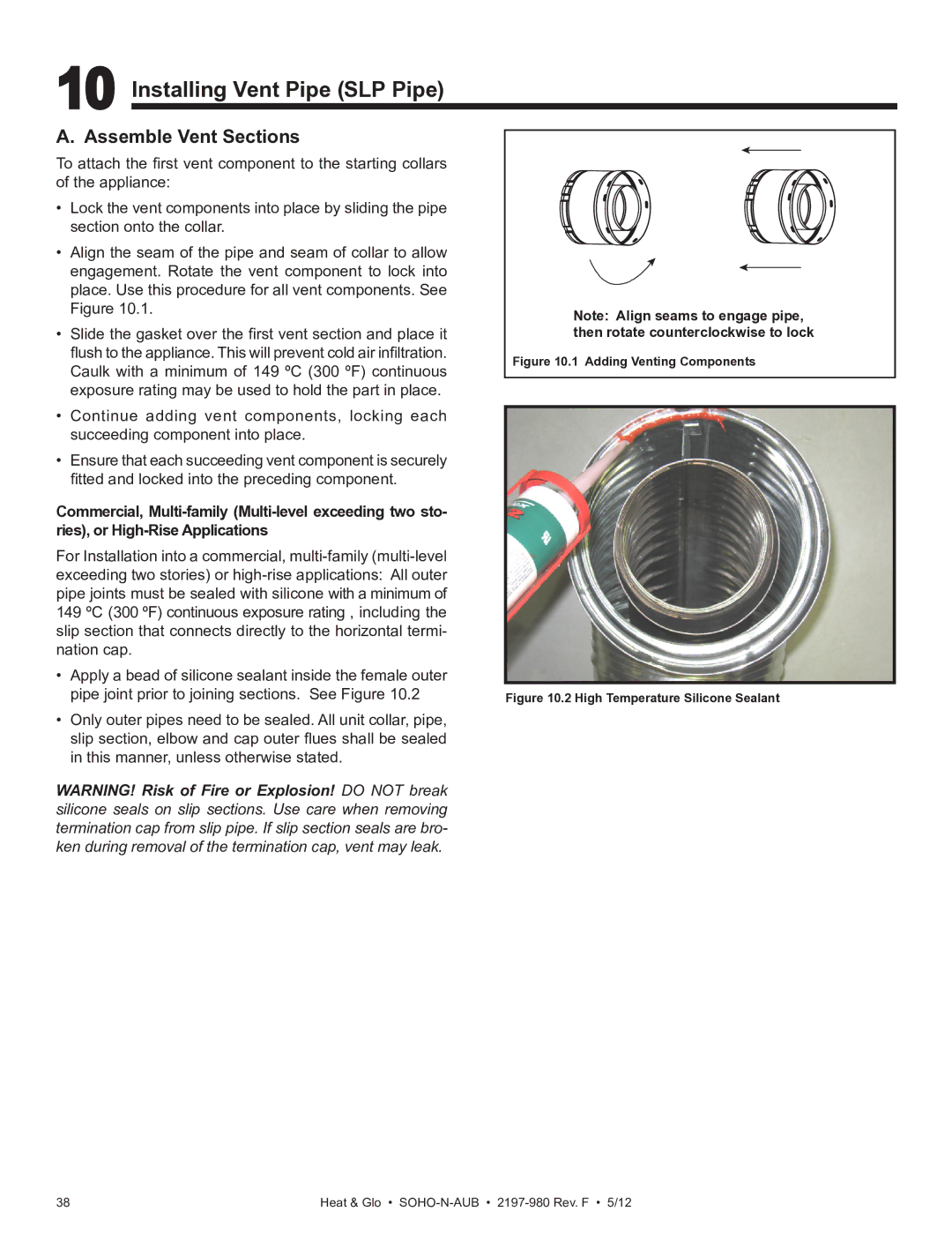 Heat & Glo LifeStyle 2197-980 owner manual Installing Vent Pipe SLP Pipe, Assemble Vent Sections 