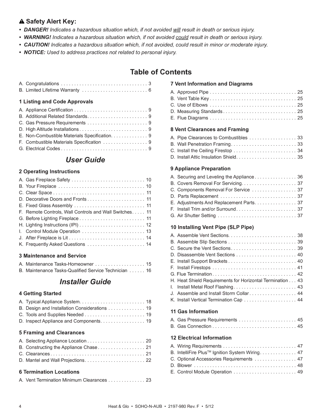 Heat & Glo LifeStyle 2197-980 owner manual Table of Contents, User Guide 