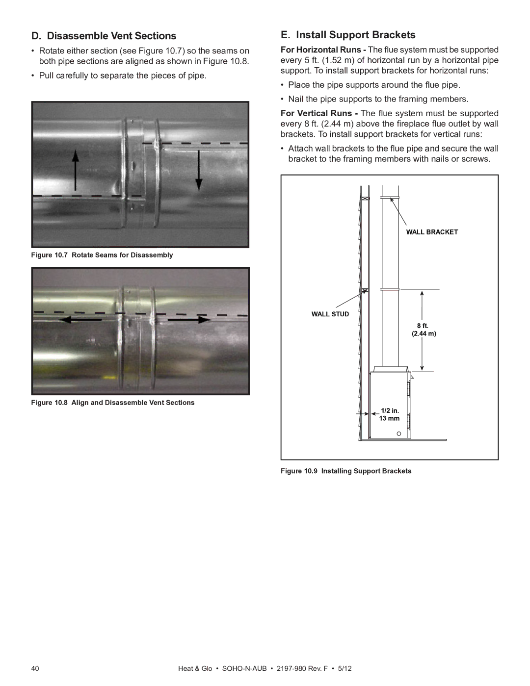 Heat & Glo LifeStyle 2197-980 owner manual Disassemble Vent Sections, Install Support Brackets 