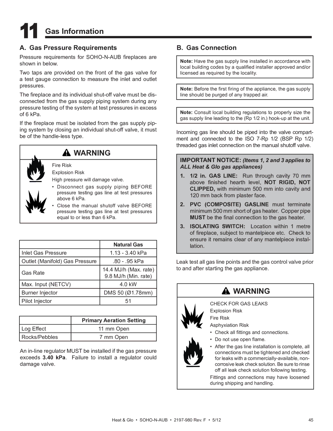 Heat & Glo LifeStyle 2197-980 owner manual Gas Information, Gas Pressure Requirements Gas Connection 