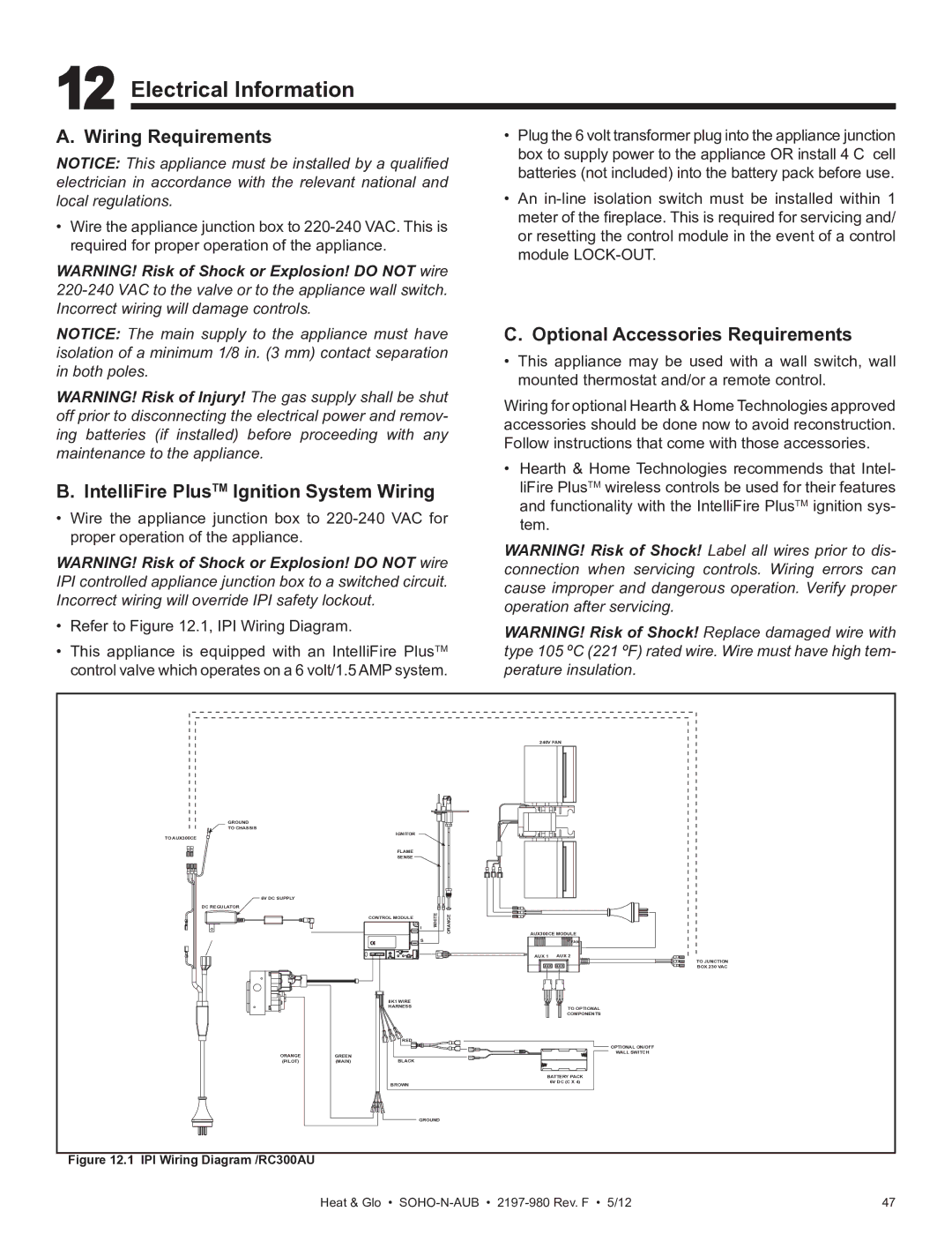 Heat & Glo LifeStyle 2197-980 Electrical Information, Wiring Requirements, IntelliFire PlusTM Ignition System Wiring 