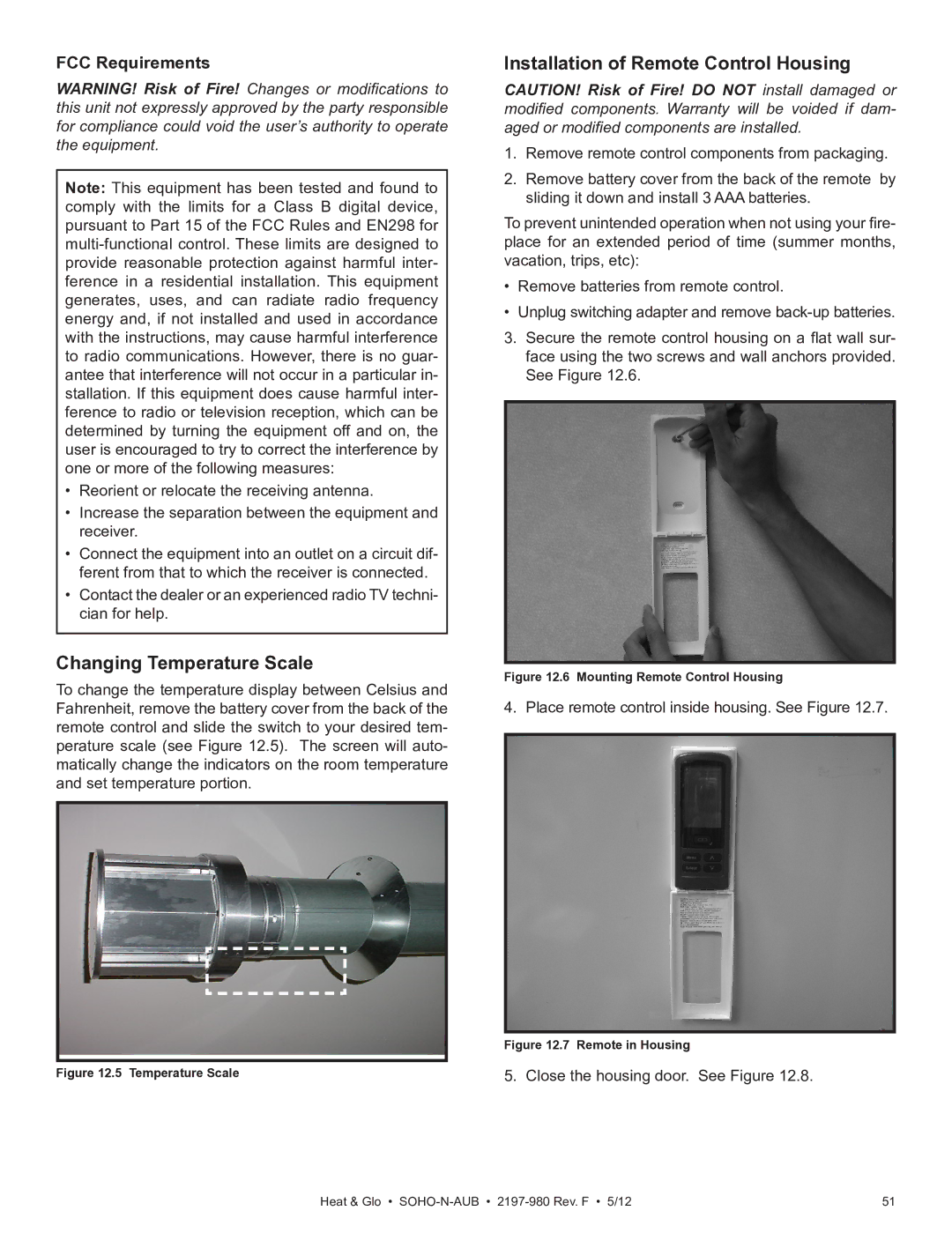 Heat & Glo LifeStyle 2197-980 owner manual Changing Temperature Scale, Installation of Remote Control Housing 