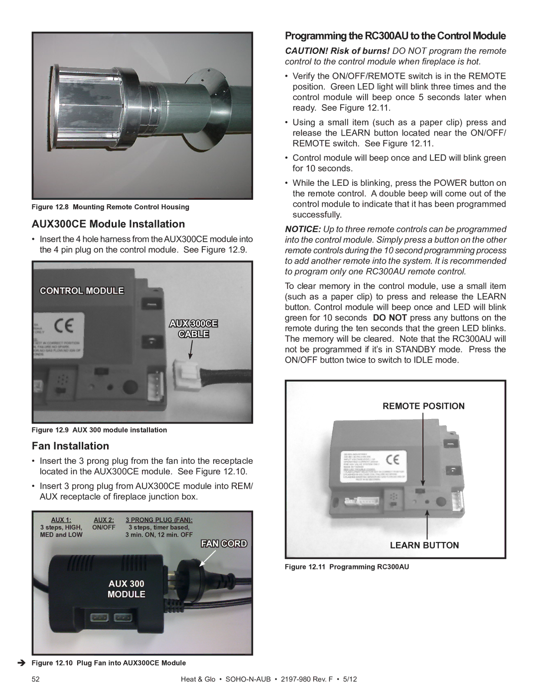 Heat & Glo LifeStyle 2197-980 owner manual AUX300CE Module Installation, Fan Installation, Remote Position Learn Button 