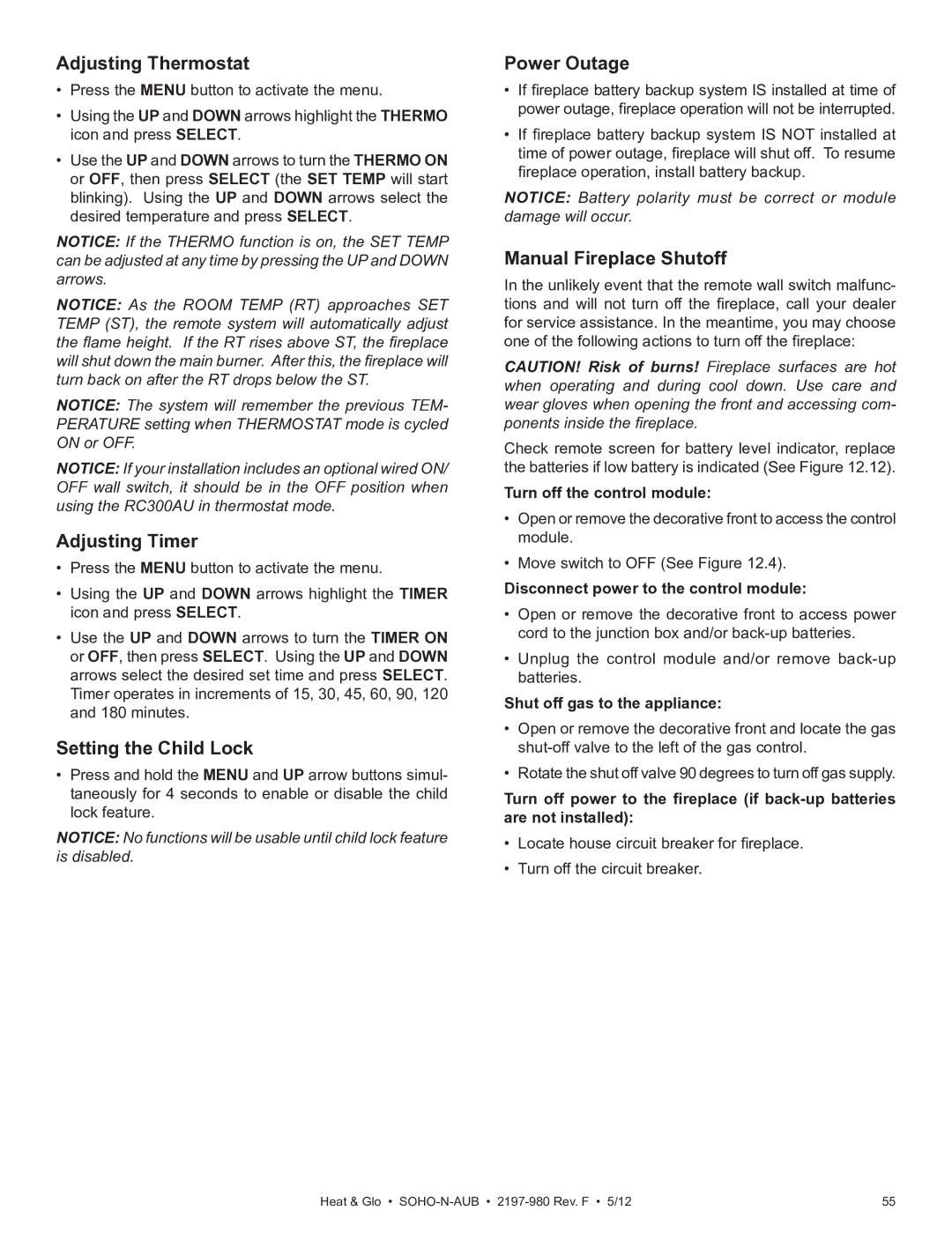 Heat & Glo LifeStyle 2197-980 owner manual Adjusting Thermostat, Adjusting Timer, Setting the Child Lock, Power Outage 