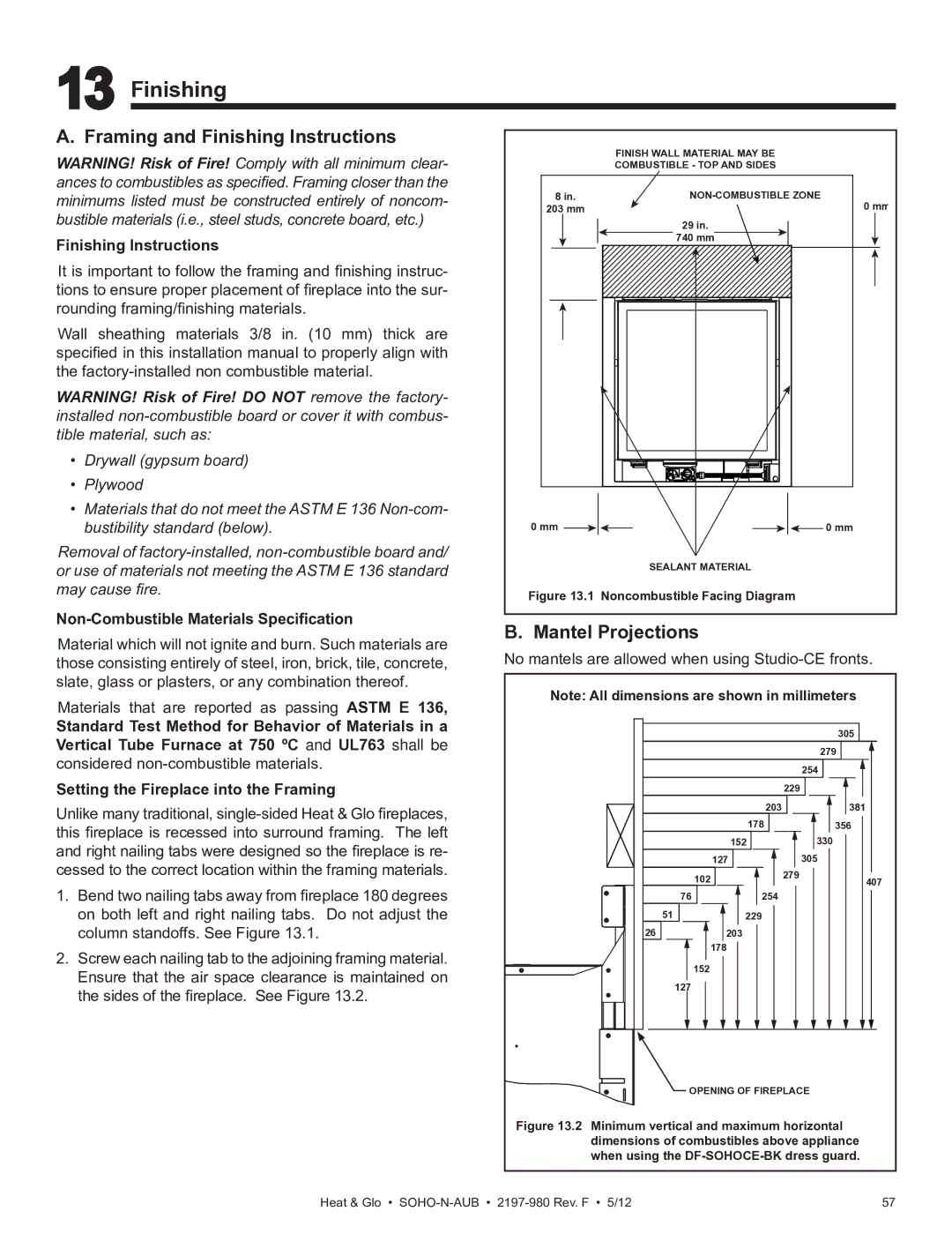 Heat & Glo LifeStyle 2197-980 owner manual Framing and Finishing Instructions, Mantel Projections 