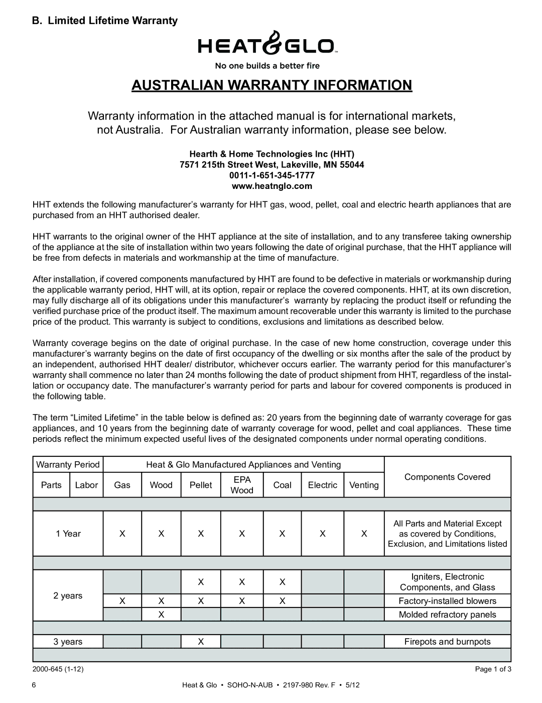 Heat & Glo LifeStyle 2197-980 owner manual Australian Warranty Information, Limited Lifetime Warranty 
