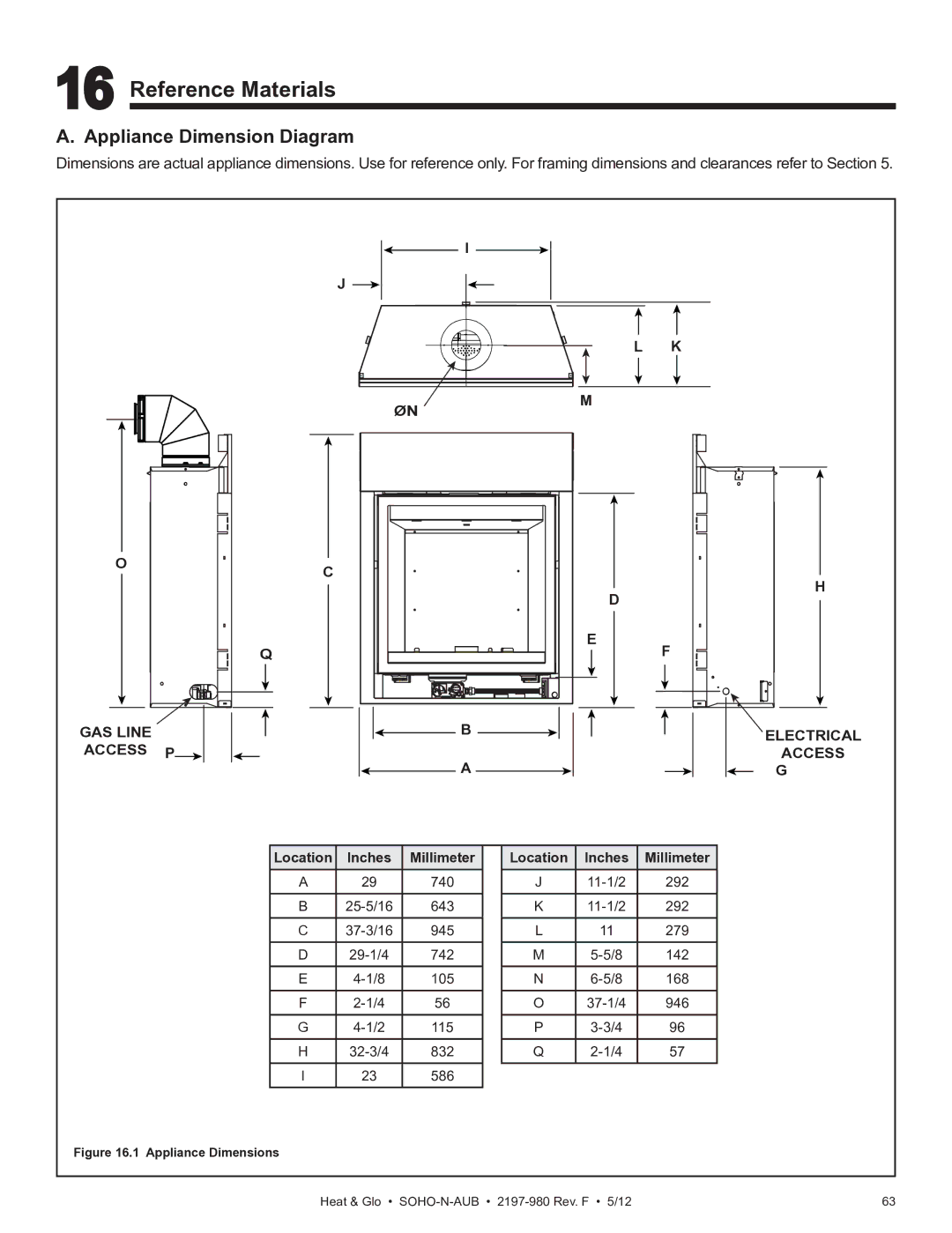 Heat & Glo LifeStyle 2197-980 owner manual Reference Materials, Appliance Dimension Diagram, GAS Line Electrical Access 