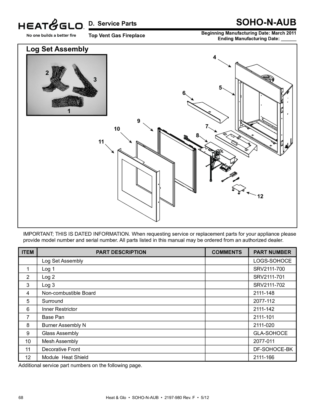 Heat & Glo LifeStyle 2197-980 owner manual Service Parts, Top Vent Gas Fireplace, Part Description Comments Part Number 