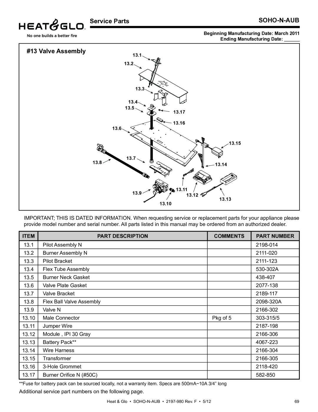 Heat & Glo LifeStyle 2197-980 owner manual Soho-N-Aub, #13 Valve Assembly 