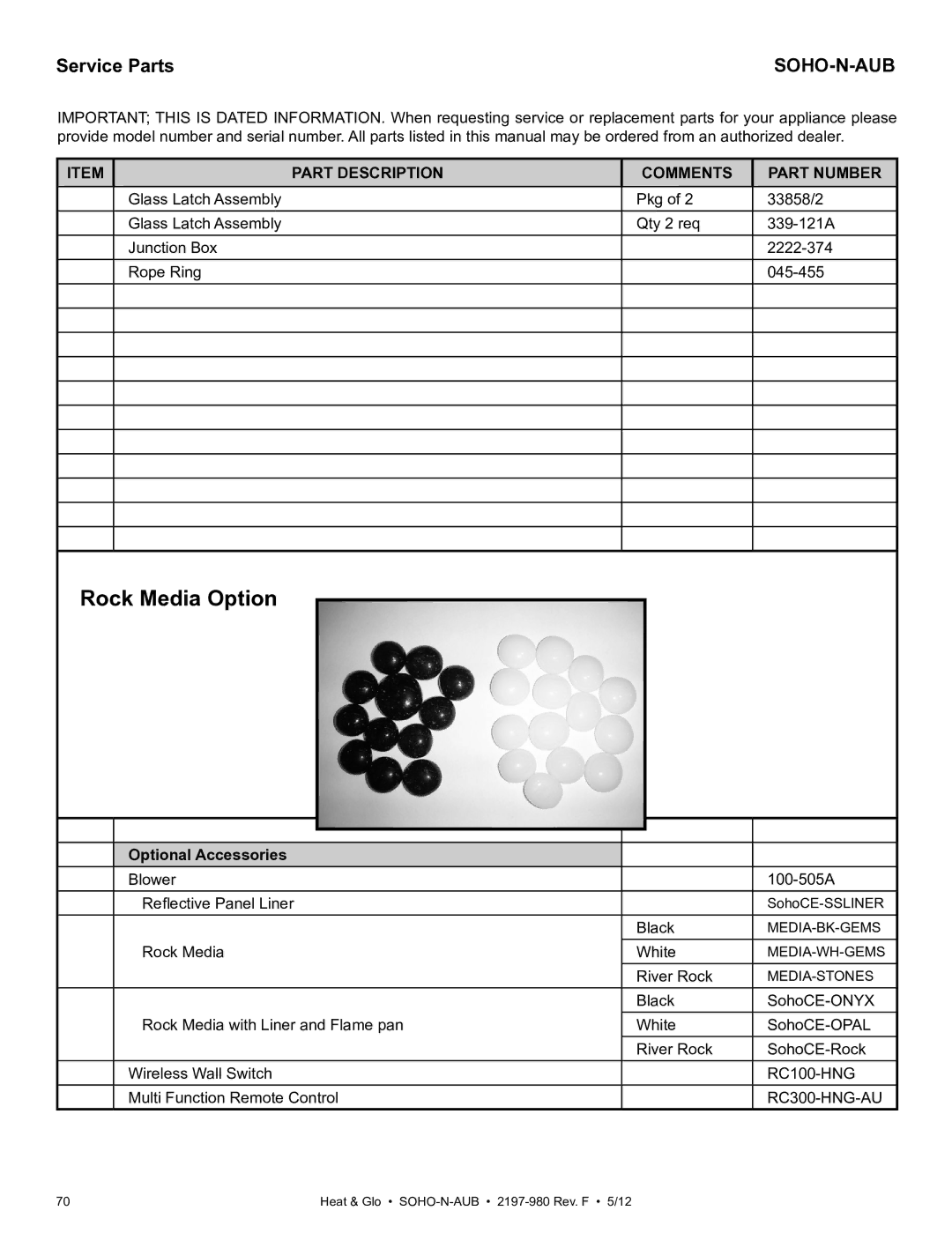 Heat & Glo LifeStyle 2197-980 owner manual Rock Media Option, Optional Accessories 