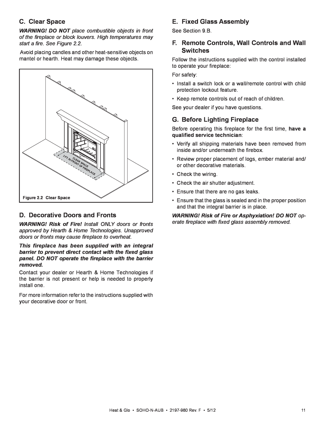 Heat & Glo LifeStyle 2197-980 owner manual C. Clear Space, D. Decorative Doors and Fronts, E. Fixed Glass Assembly 