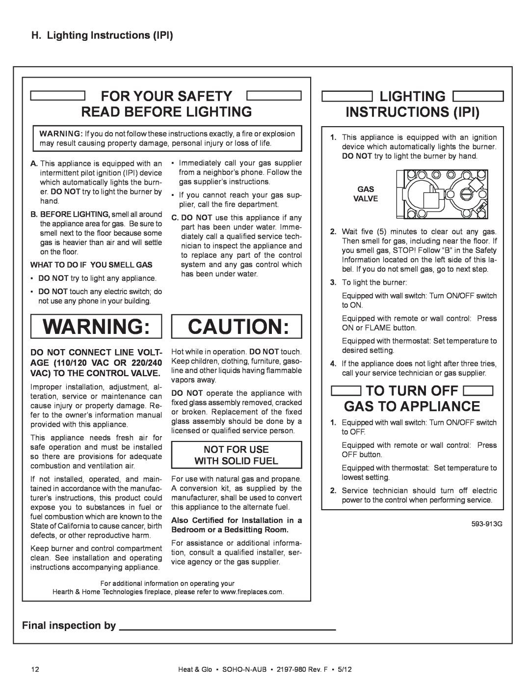 Heat & Glo LifeStyle 2197-980 For Your Safety Read Before Lighting, Lighting Instructions Ipi, Final inspection by 