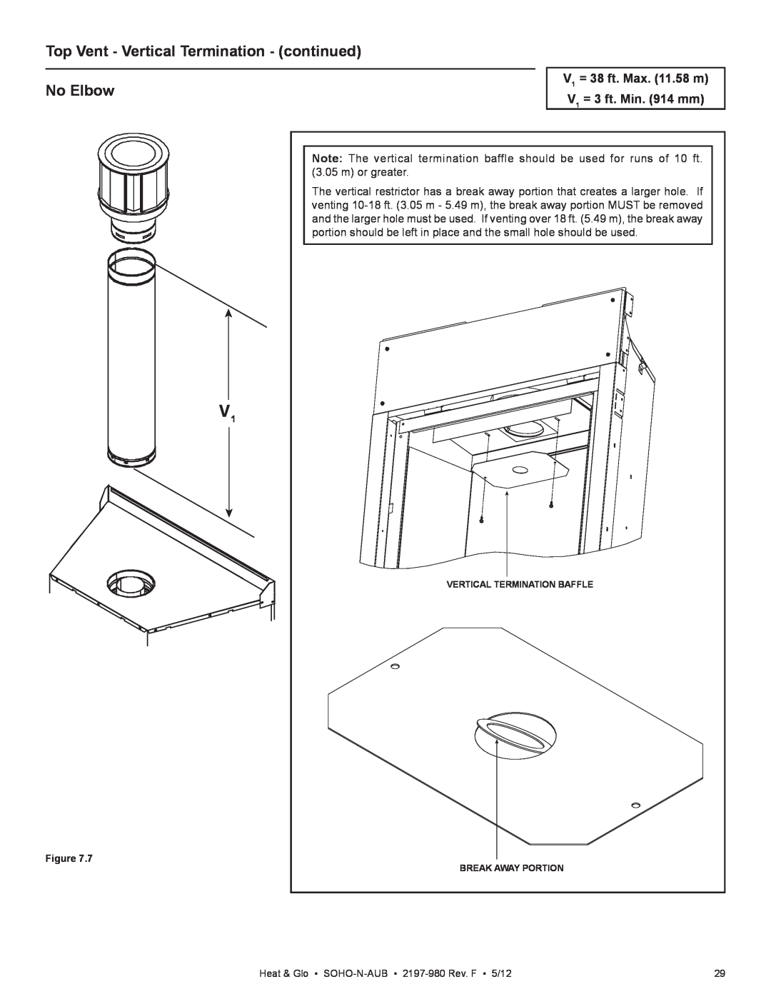 Heat & Glo LifeStyle 2197-980 owner manual Top Vent - Vertical Termination - continued, No Elbow 