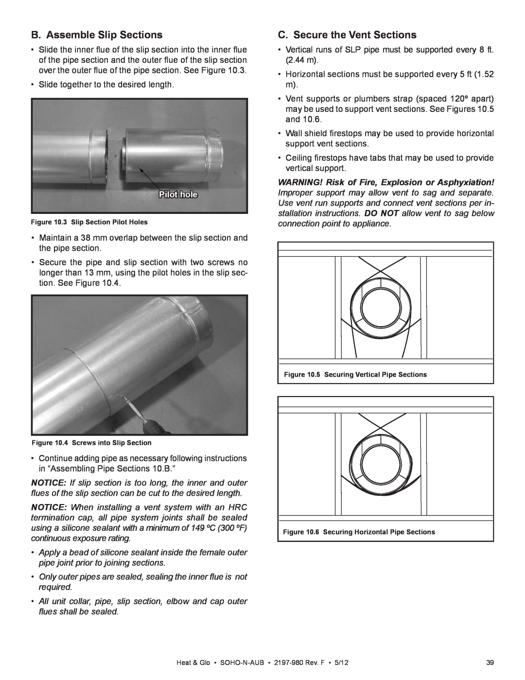 Heat & Glo LifeStyle 2197-980 owner manual B. Assemble Slip Sections, C. Secure the Vent Sections, Pilot hole 