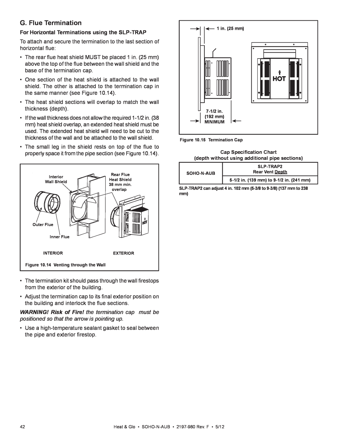 Heat & Glo LifeStyle 2197-980 owner manual G. Flue Termination, For Horizontal Terminations using the SLP-TRAP 