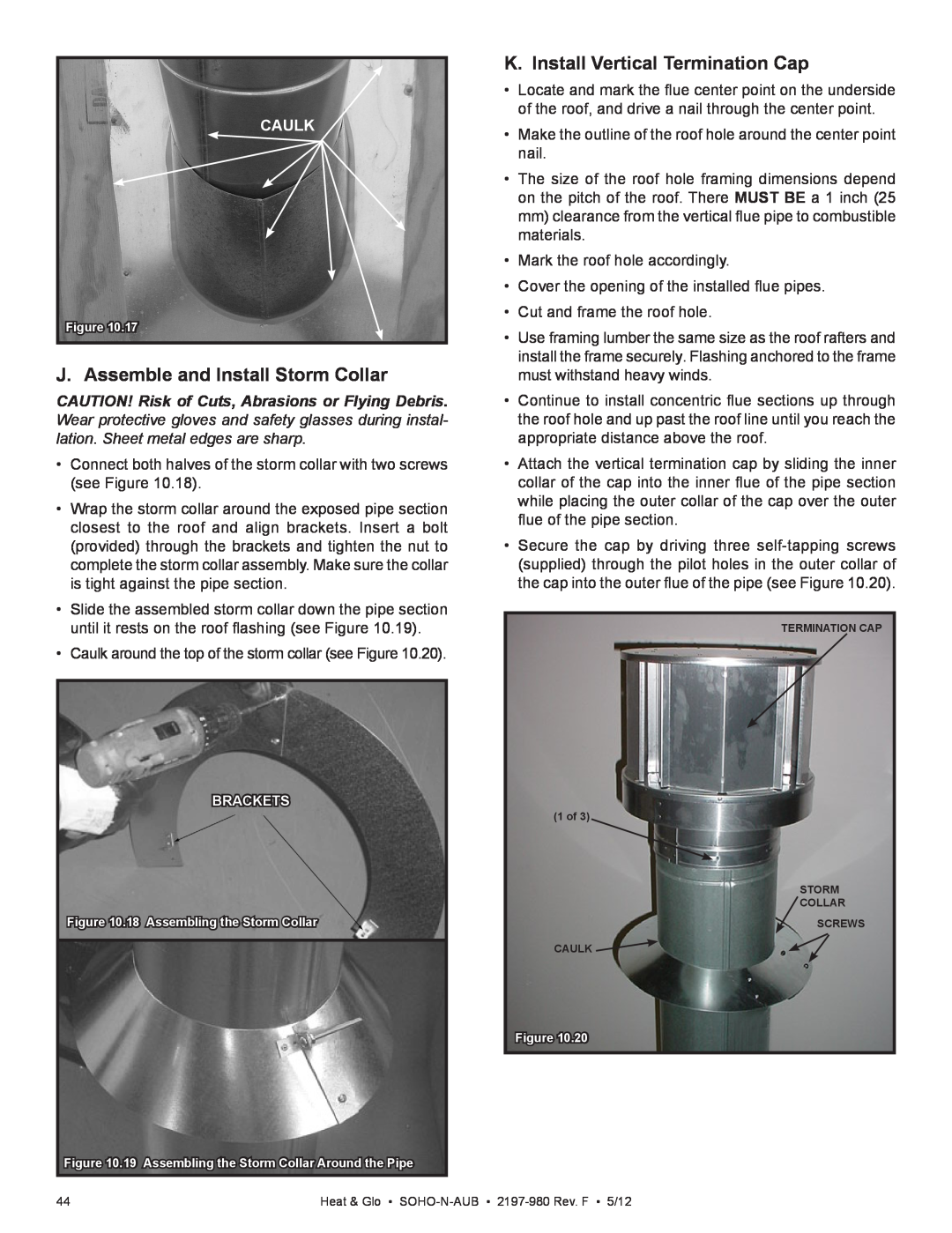 Heat & Glo LifeStyle 2197-980 owner manual J. Assemble and Install Storm Collar, K. Install Vertical Termination Cap, Caulk 