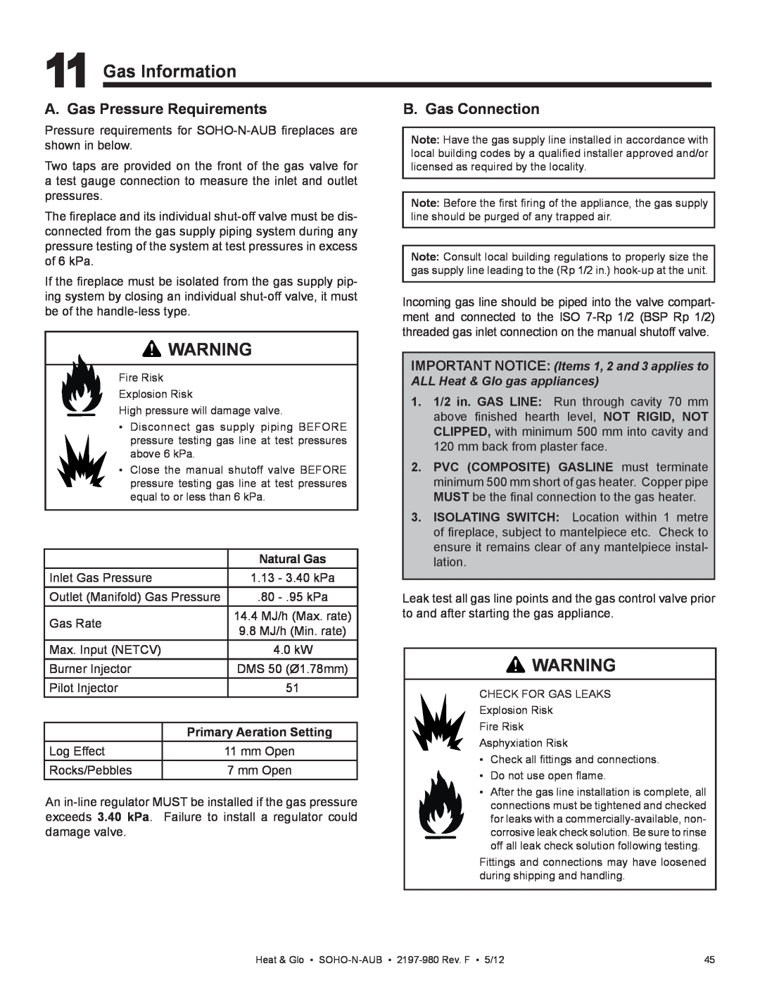 Heat & Glo LifeStyle 2197-980 owner manual Gas Information, A. Gas Pressure Requirements, B. Gas Connection, Natural Gas 