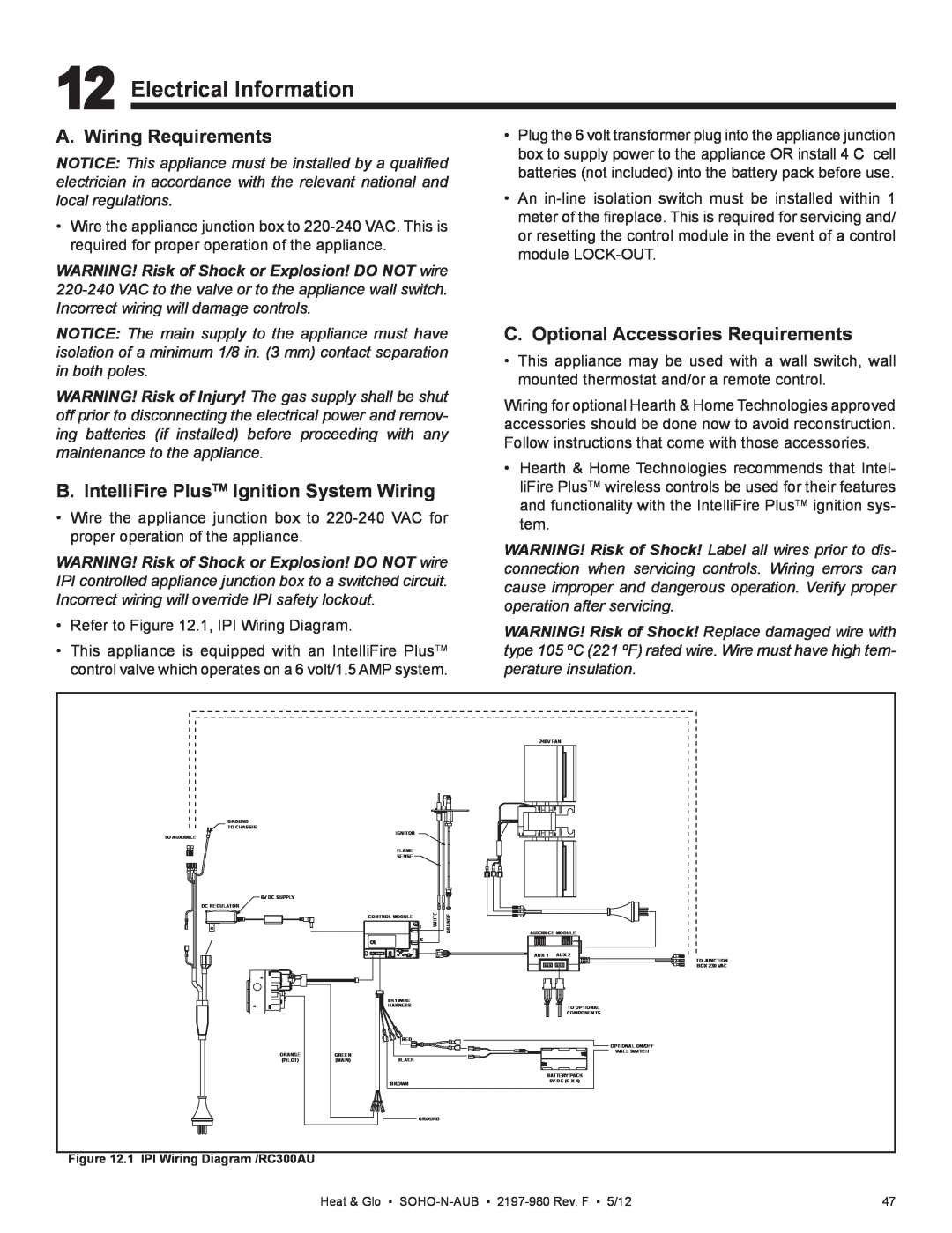 Heat & Glo LifeStyle 2197-980 Electrical Information, A. Wiring Requirements, B. IntelliFire PlusTM Ignition System Wiring 