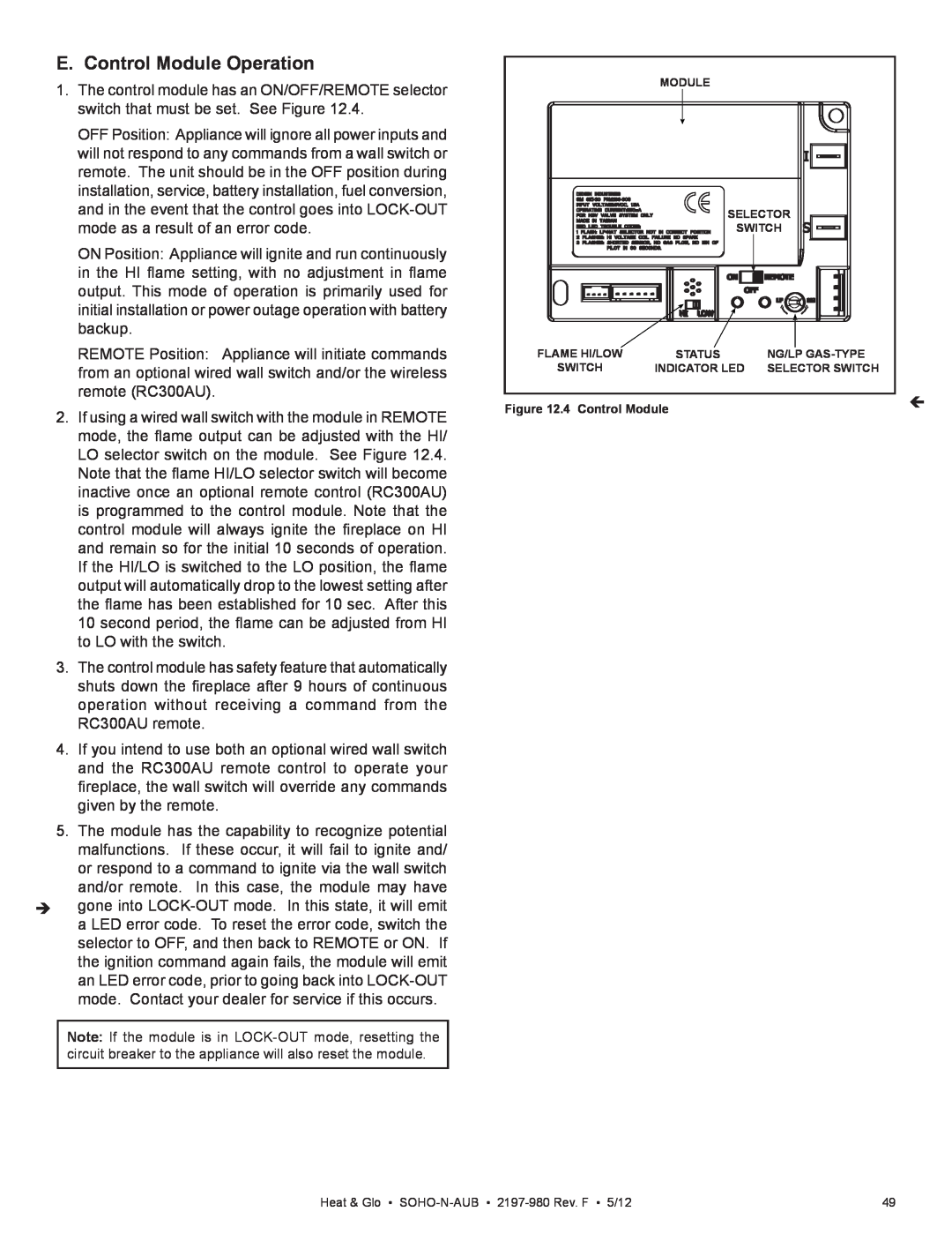 Heat & Glo LifeStyle 2197-980 owner manual E. Control Module Operation, 4 Control Module 