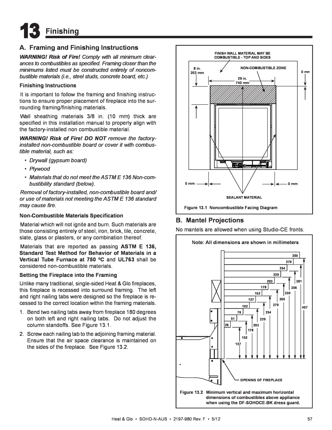 Heat & Glo LifeStyle 2197-980 owner manual A. Framing and Finishing Instructions, B. Mantel Projections 