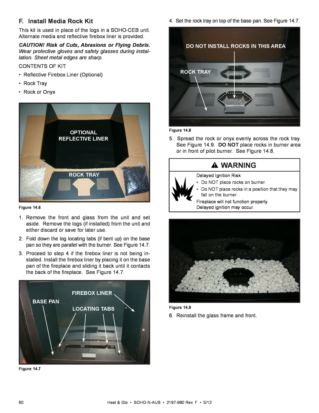 Heat & Glo LifeStyle 2197-980 owner manual F. Install Media Rock Kit, Optional Reflective Liner Rock Tray 
