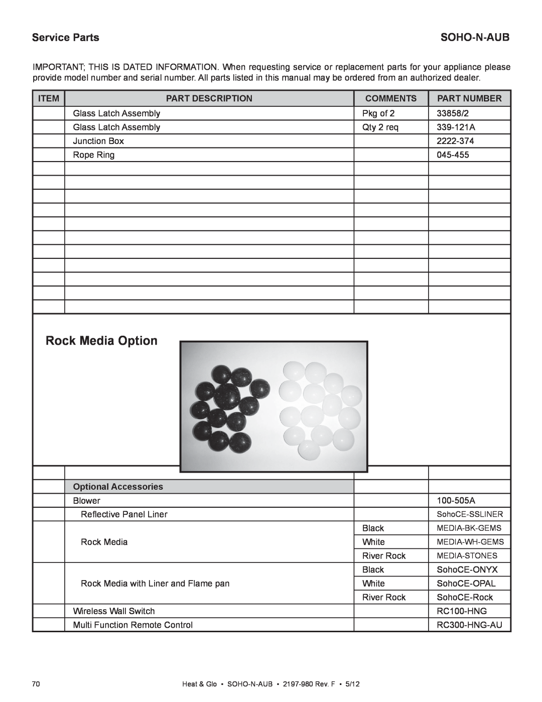 Heat & Glo LifeStyle 2197-980 Rock Media Option, Service Parts, Soho-N-Aub, Item, Part Description, Comments, Part Number 