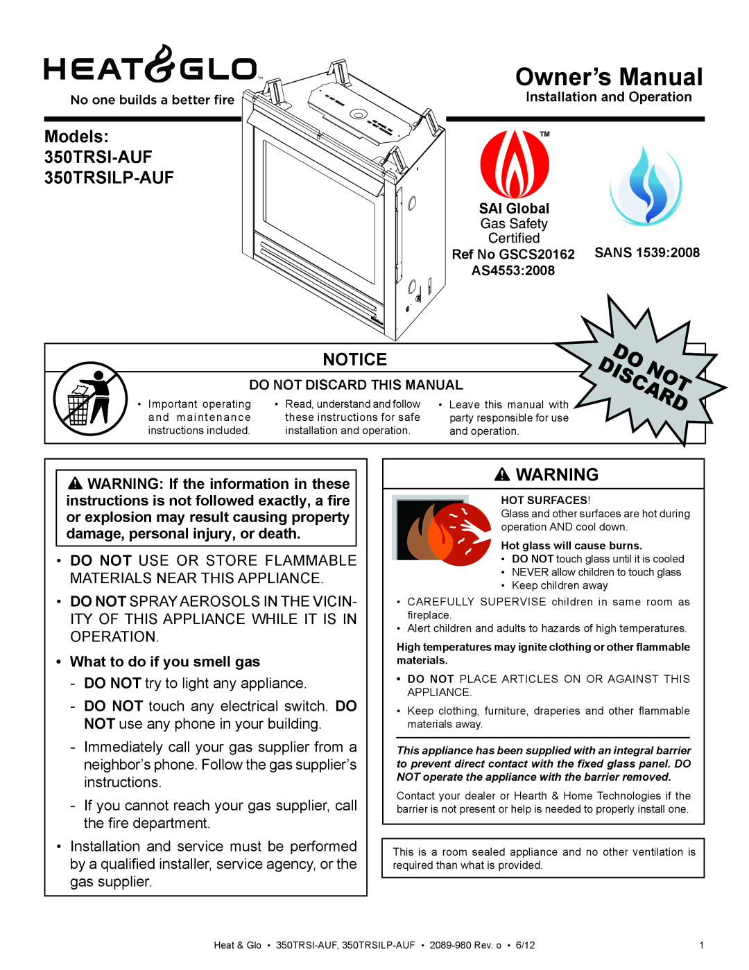 Heat & Glo LifeStyle owner manual Models 350TRSI-AUF 350TRSILP-AUF, What to do if you smell gas, Do Discardnot 