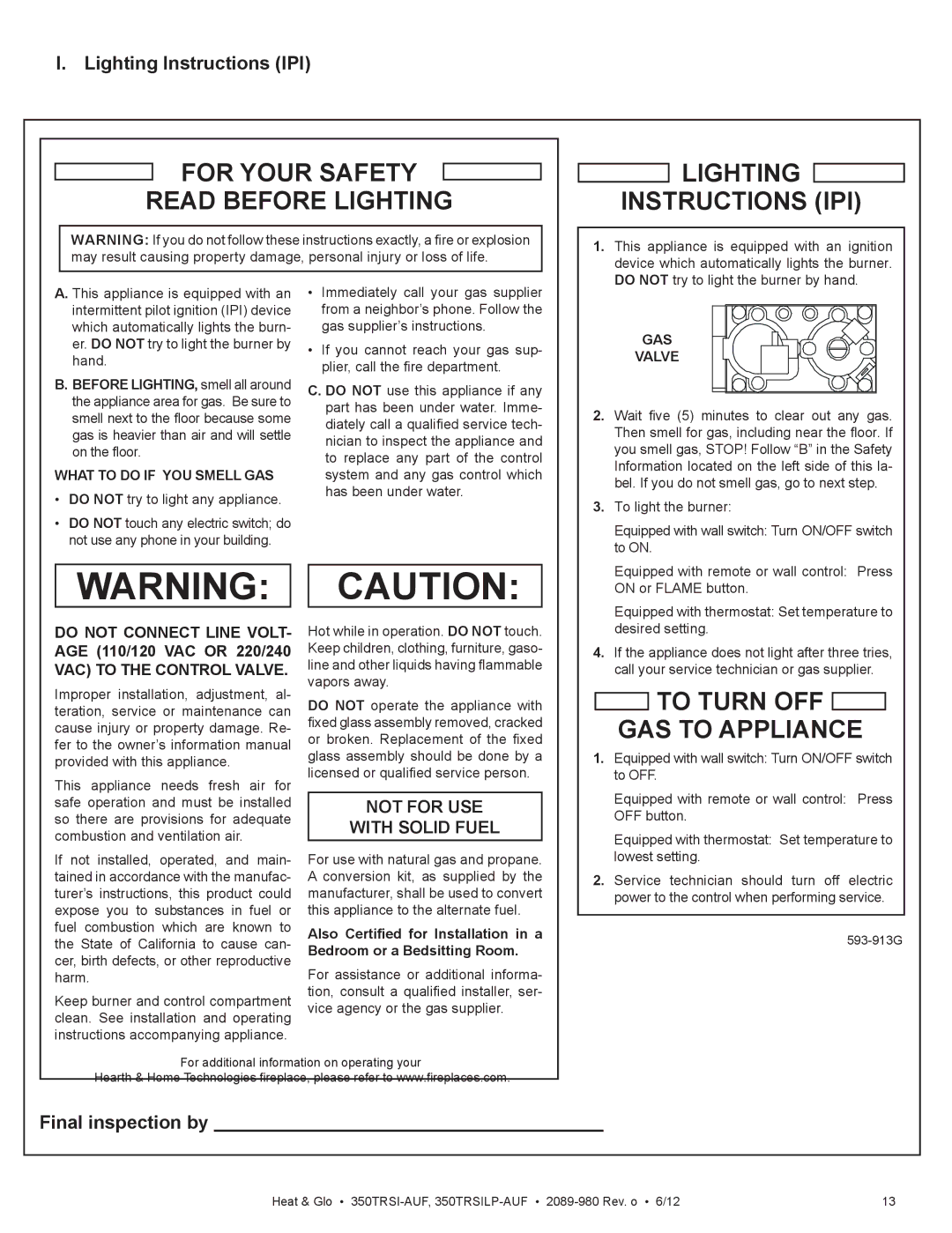 Heat & Glo LifeStyle 350TRSI-AUF, 350TRSILP-AUF owner manual Lighting Instructions IPI, Final inspection by 