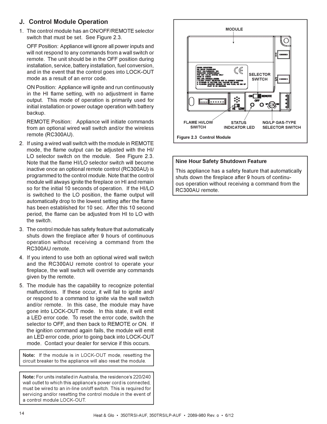 Heat & Glo LifeStyle 350TRSILP-AUF, 350TRSI-AUF owner manual Control Module Operation, Nine Hour Safety Shutdown Feature 