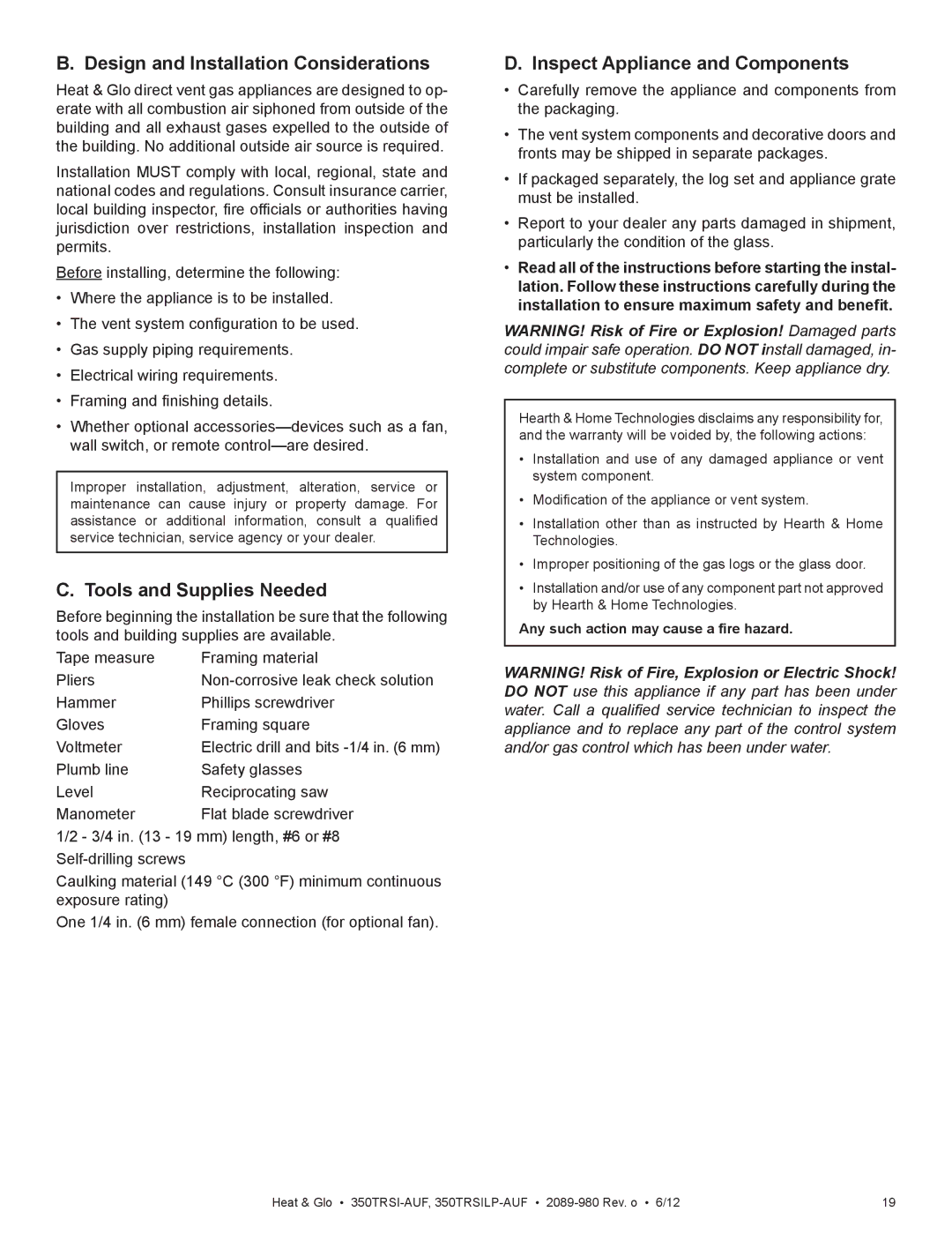 Heat & Glo LifeStyle 350TRSI-AUF, 350TRSILP-AUF Design and Installation Considerations, Tools and Supplies Needed 