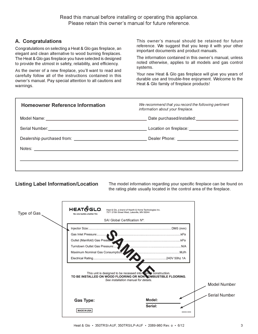 Heat & Glo LifeStyle 350TRSI-AUF, 350TRSILP-AUF owner manual Congratulations, Homeowner Reference Information 