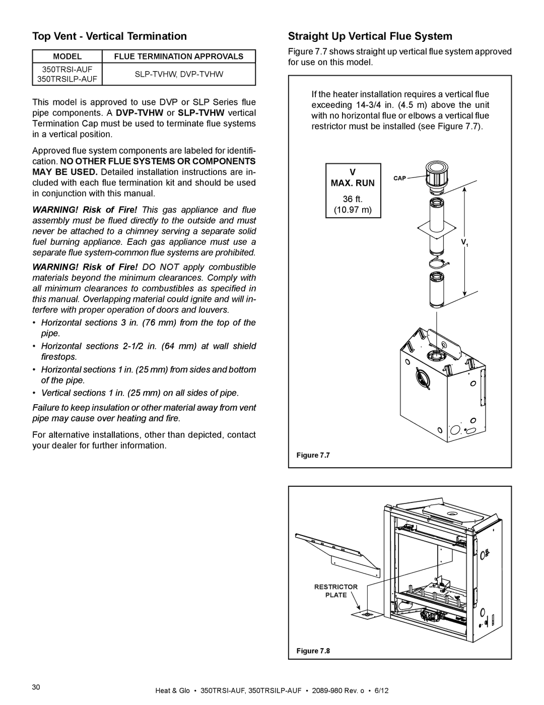 Heat & Glo LifeStyle 350TRSILP-AUF, 350TRSI-AUF Top Vent Vertical Termination, Straight Up Vertical Flue System, Max. Run 