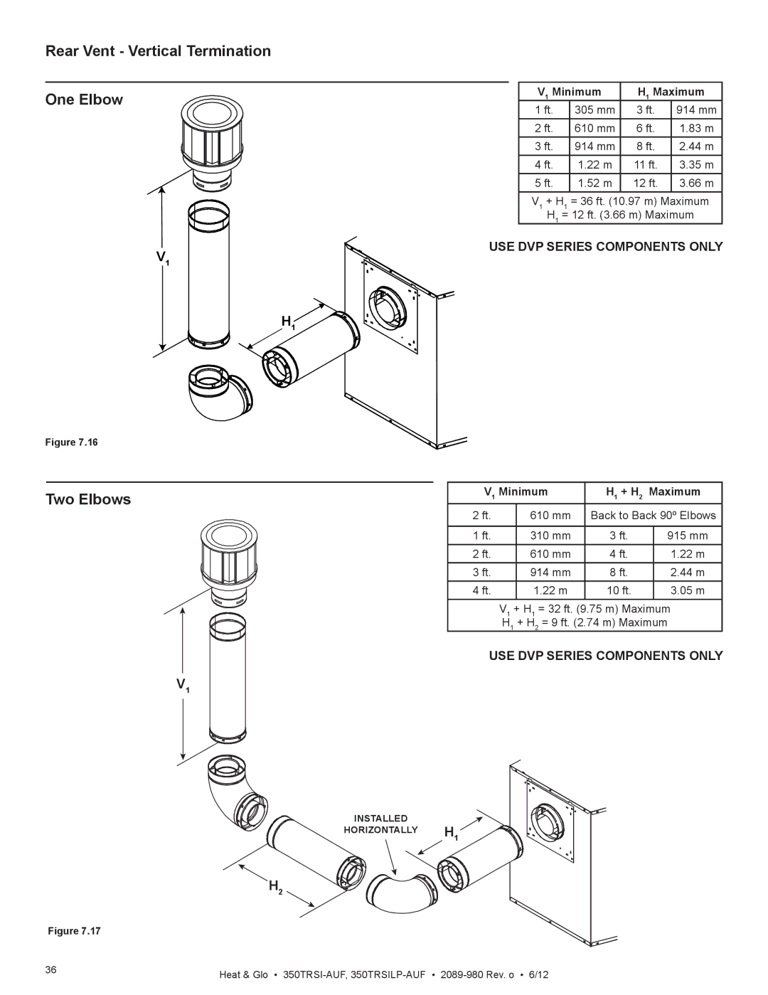 Heat & Glo LifeStyle 350TRSILP-AUF, 350TRSI-AUF Rear Vent Vertical Termination One Elbow Two Elbows, Minimum Maximum 