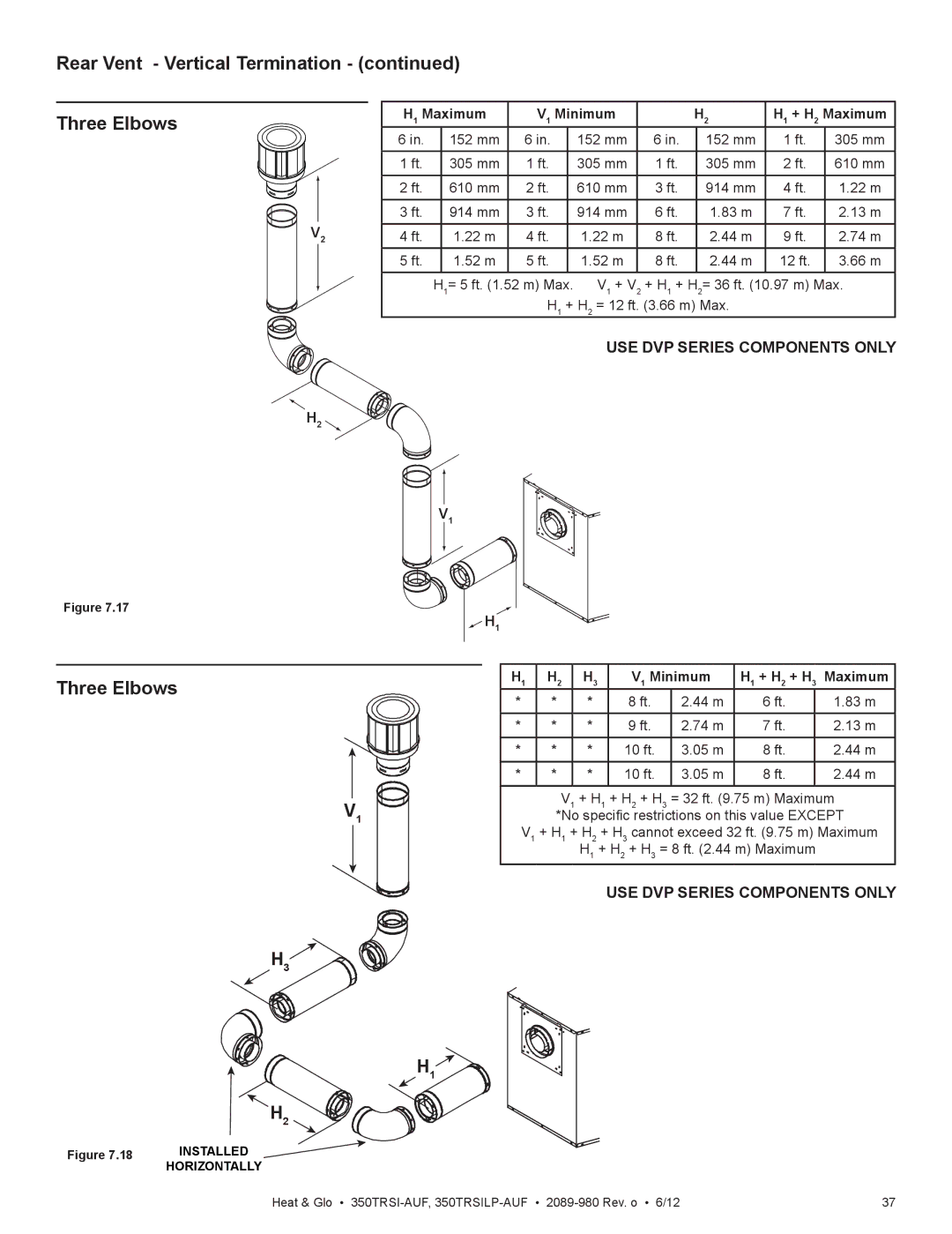 Heat & Glo LifeStyle 350TRSI-AUF, 350TRSILP-AUF Rear Vent Vertical Termination Three Elbows, Maximum Minimum + H 2 Maximum 