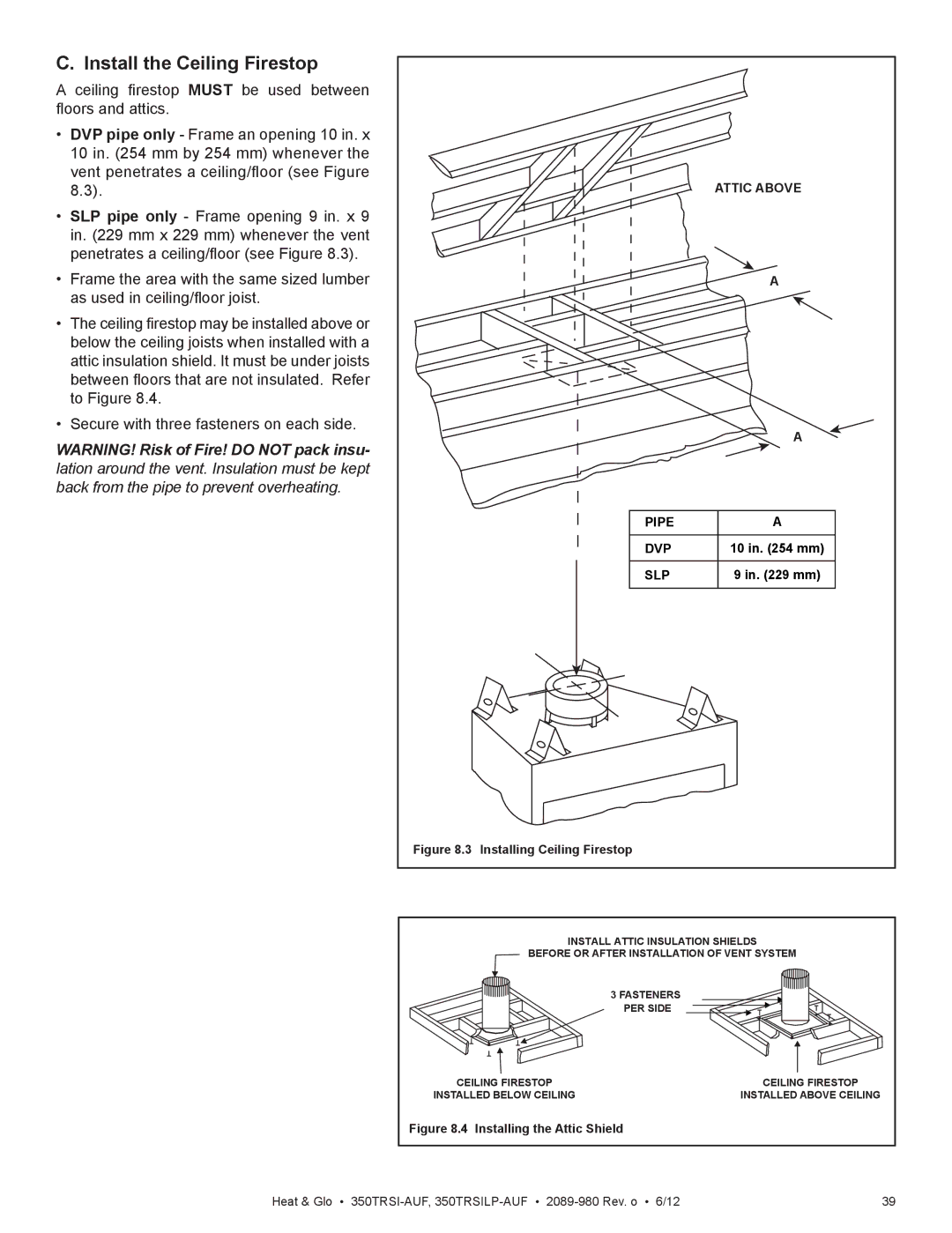 Heat & Glo LifeStyle 350TRSI-AUF, 350TRSILP-AUF owner manual Install the Ceiling Firestop, Pipe DVP SLP 