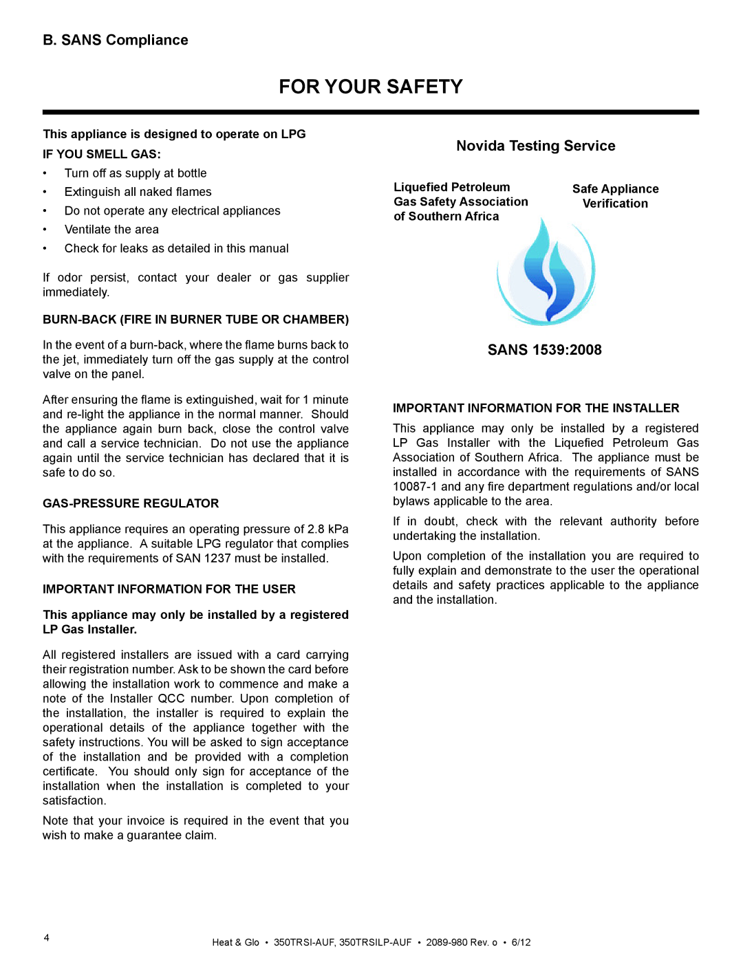 Heat & Glo LifeStyle 350TRSILP-AUF, 350TRSI-AUF owner manual Sans Compliance, Novida Testing Service 