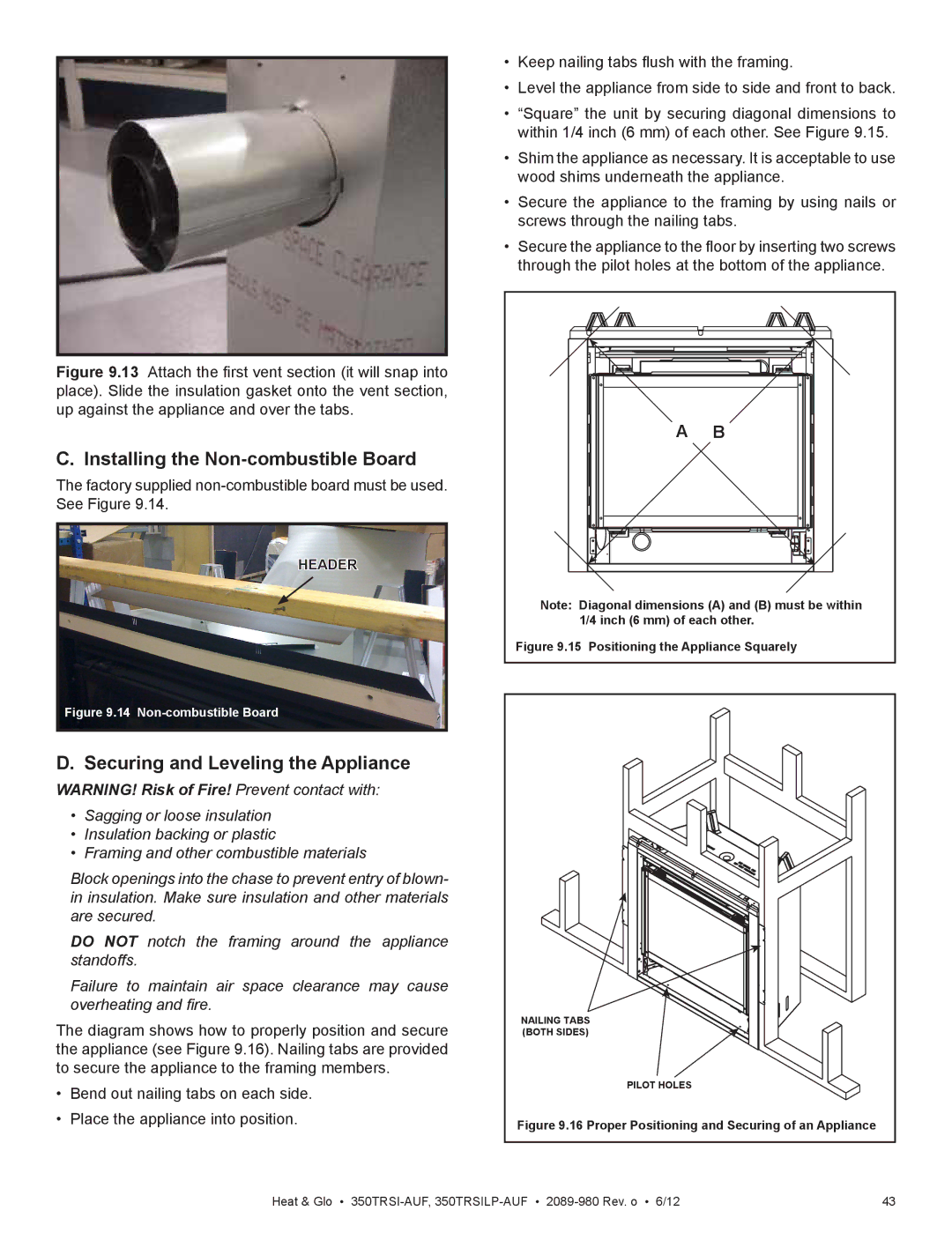 Heat & Glo LifeStyle 350TRSI-AUF, 350TRSILP-AUF Installing the Non-combustible Board, Securing and Leveling the Appliance 