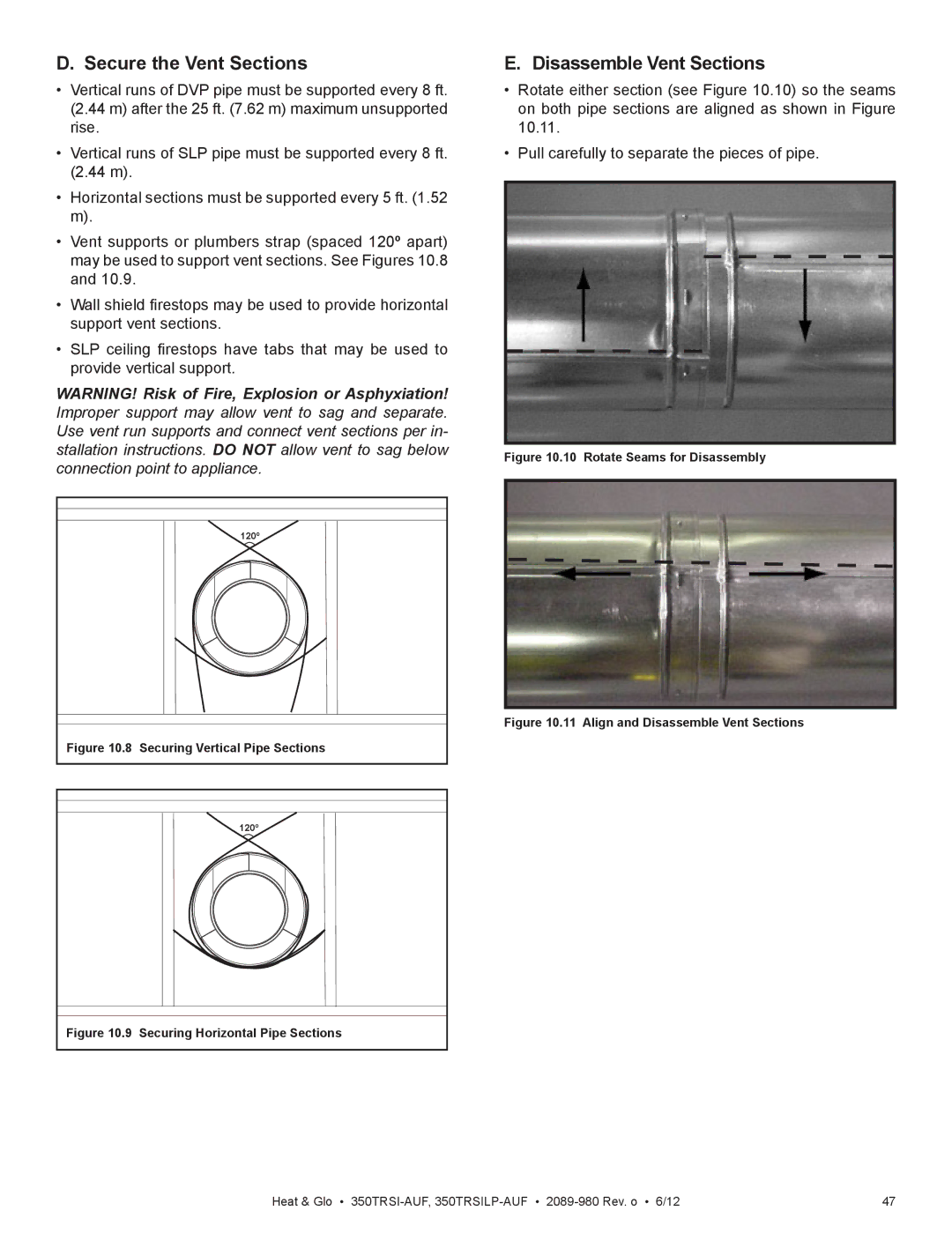 Heat & Glo LifeStyle 350TRSI-AUF, 350TRSILP-AUF owner manual Secure the Vent Sections, Disassemble Vent Sections 