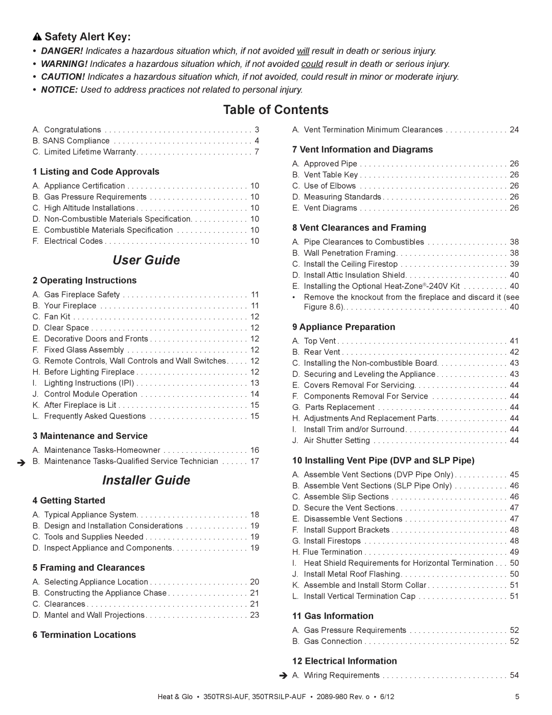 Heat & Glo LifeStyle 350TRSI-AUF, 350TRSILP-AUF owner manual Table of Contents, User Guide 